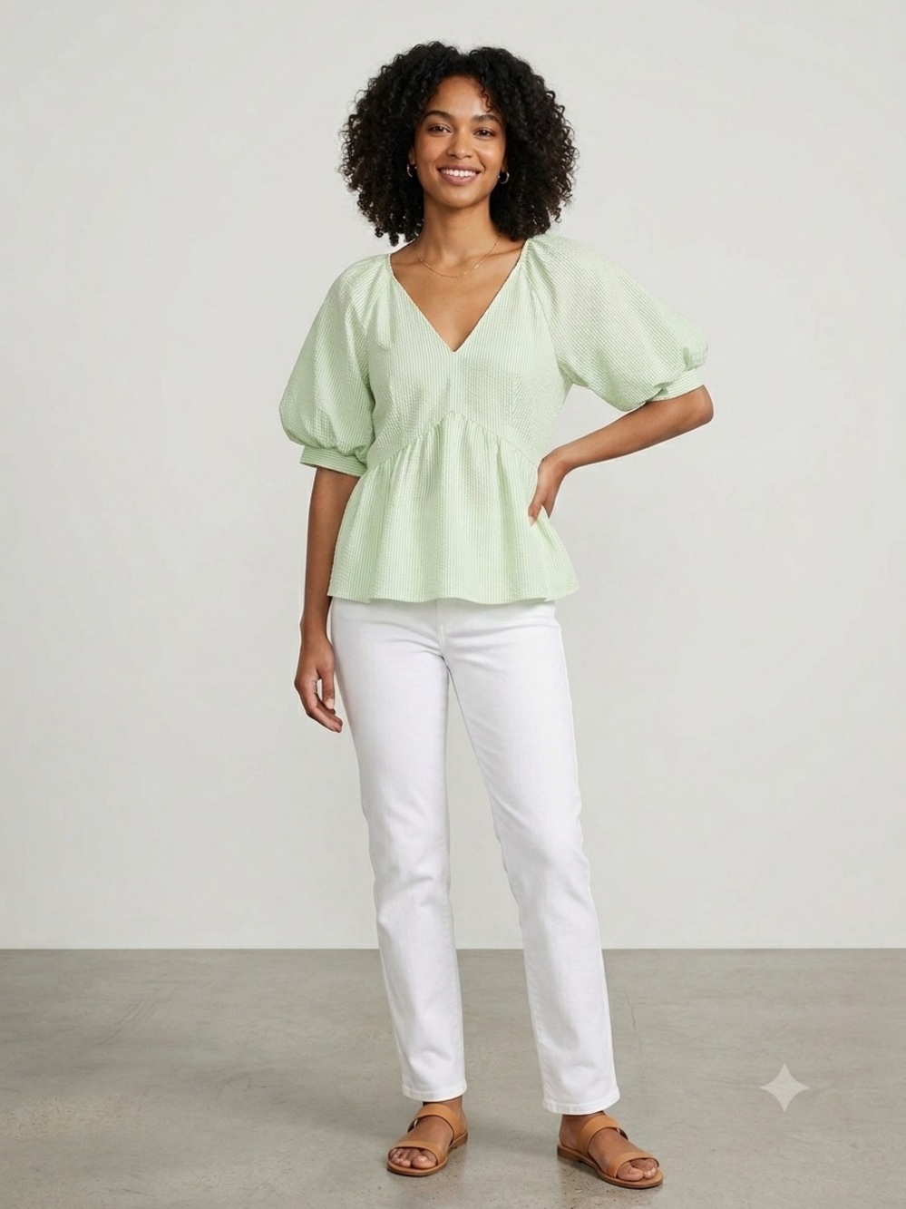 Finley Mint Green V-Neck Puff Sleeve Peplum Top